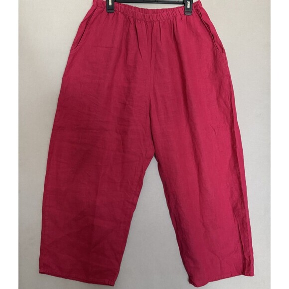 FLAX Designs Linen Pants 1G Fuschia Pink Women Wide Leg Lagenlook Pull On Pocket - Picture 1 of 10